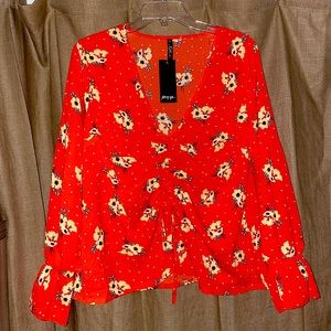 Brand New Nasty Gal Red Floral Ruched Top